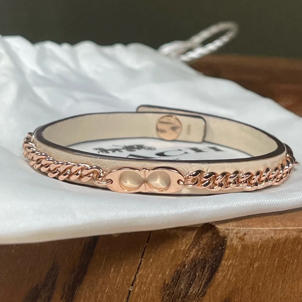 COACH Signature Rose Gold Chain & Leather Bracelet